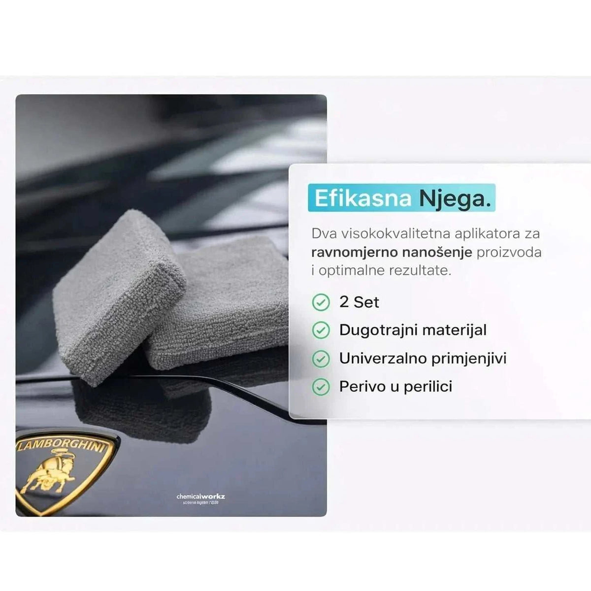 chemicalworkz aplikator od mikrofibre, dva siva mekana jastučića za ravnomjerno nanošenje proizvoda za njegu vozila