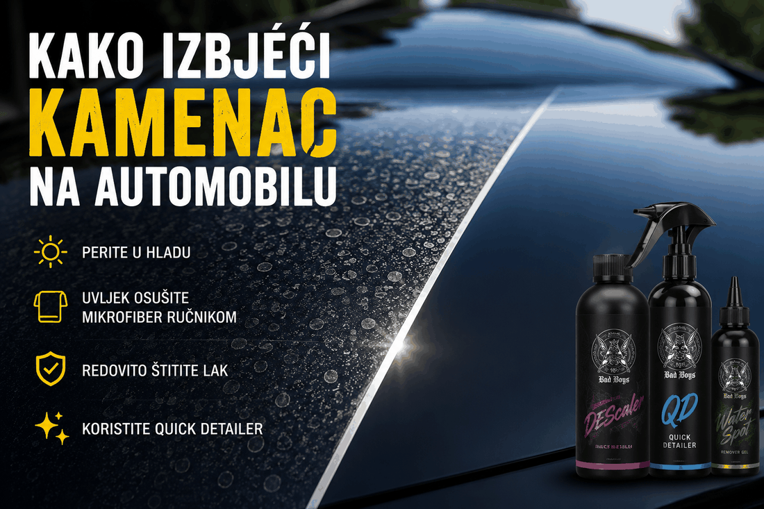 Infografika o temi Kako izbjeći kamenac na automobilu prikazuje kapljice vode na laku i bočice za njegu vozila.