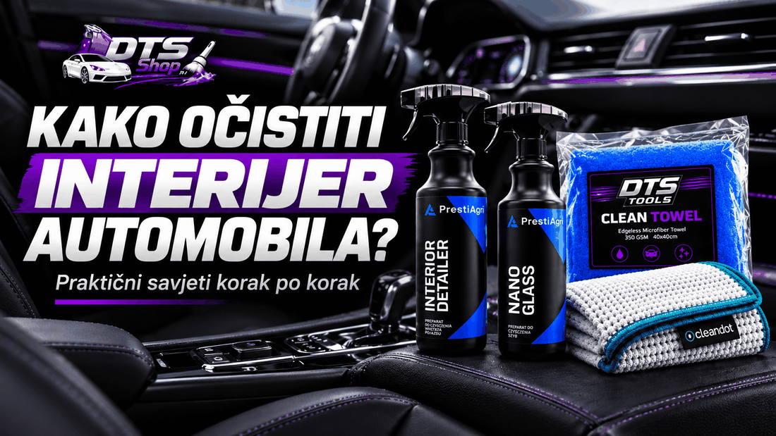 Kako pravilno očistiti interijer automobila kod kuće? Grafika prikazuje sredstva za čišćenje unutrašnjosti auta i plavu krpu od mikrovlakana.
