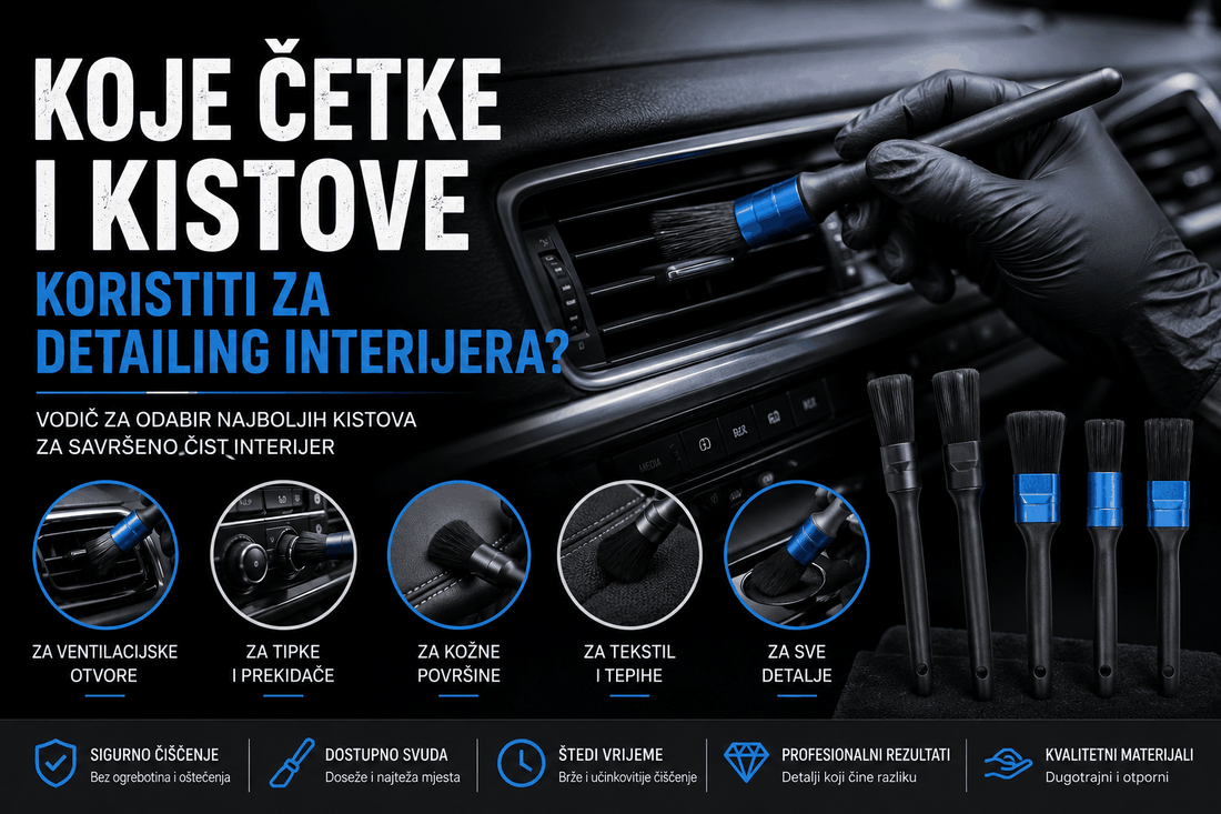Koje četke i kistove koristiti za detailing interijera? Crne četke za čišćenje ventilacijskih otvora, tipki i kožnih površina.