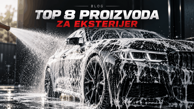 TOP 8 PROIZVODA ZA UREDNIJI EKSTERIJER prikazuje crni automobil prekriven bijelom pjenom tijekom pranja.