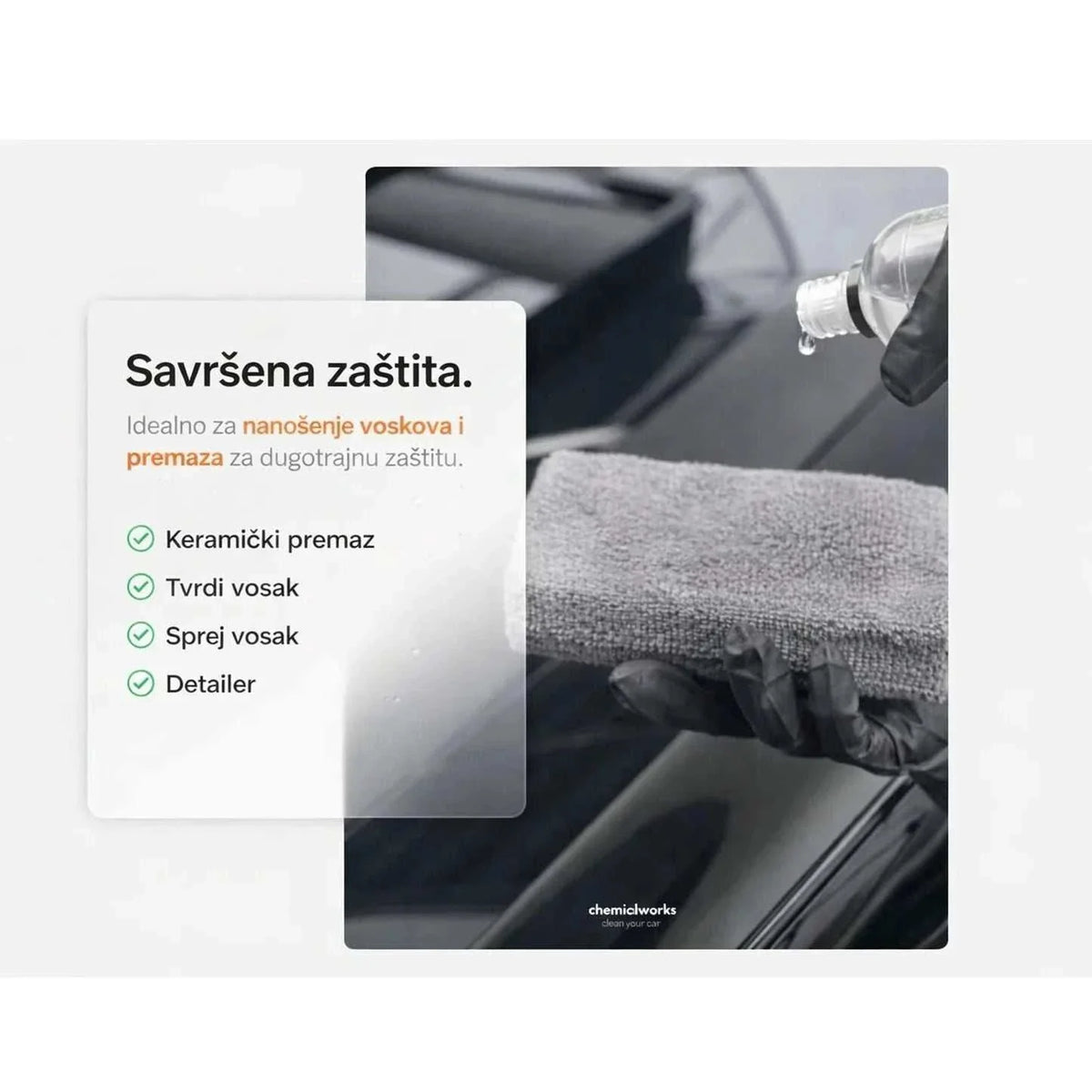 chemicalworkz aplikator od mikrofibre, sivi teksturirani aplikator za vosak i premaze prikazan pri nanošenju zaštitnog proizvoda