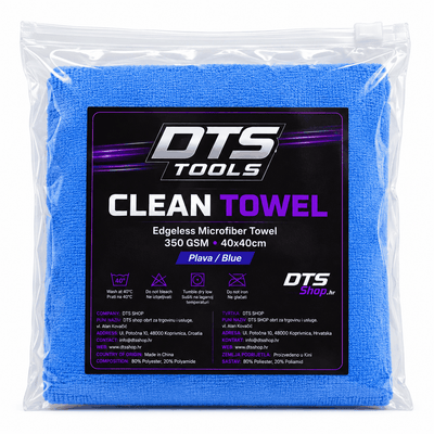 Mikrovlaknena krpa DTS TOOLS Clean Towel jarko plave boje, pakirana u prozirnu vrećicu, s oznakom 350 GSM i 40 × 40 cm.