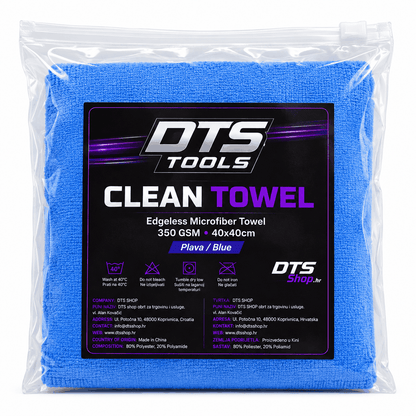 Mikrovlaknena krpa DTS TOOLS Clean Towel jarko plave boje, pakirana u prozirnu vrećicu, s oznakom 350 GSM i 40 × 40 cm.