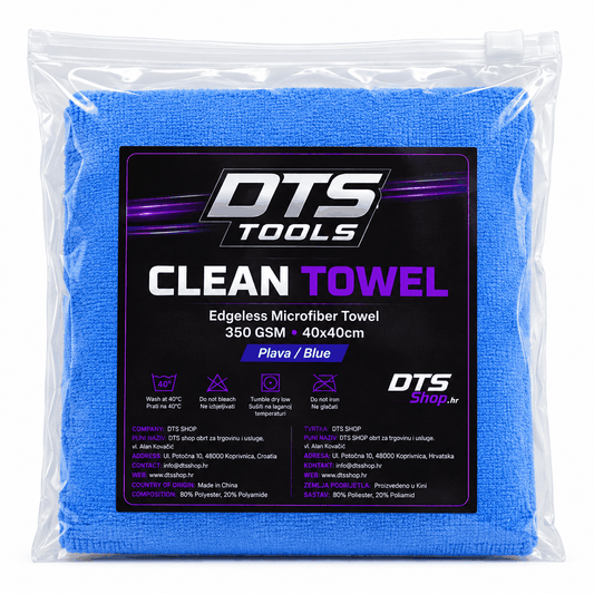 Mikrovlaknena krpa DTS TOOLS Clean Towel jarko plave boje, pakirana u prozirnu vrećicu, s oznakom 350 GSM i 40 × 40 cm.