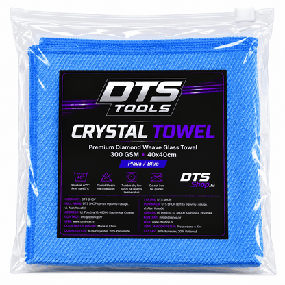 Krpa za staklo DTS TOOLS Crystal Towel plave boje od mikrovlakana s dijamantnim tkanjem, pakirana u prozirnu vrećicu.
