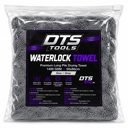 Ručnik za sušenje DTS TOOLS WaterLock Towel od sivih mikrovlakana s dugim vlaknima, pakiran u prozirnu vrećicu.