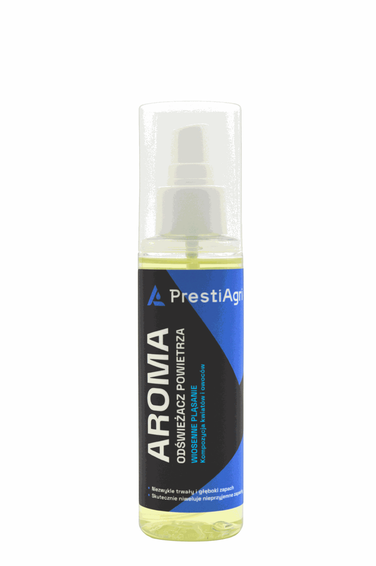 Miris PrestiAgri Flower je osvježivač prostora u prozirnoj bočici s raspršivačem i plavo-crnom etiketom.