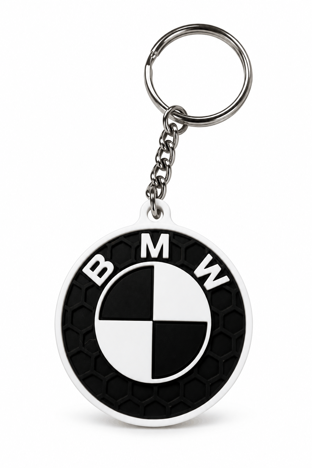 Privjesak za ključeve s crnim BMW logotipom, bijelim obrubom i detaljima u 3D reljefnom uzorku