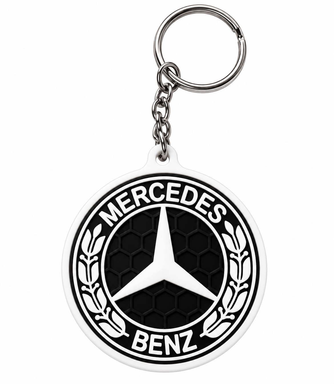 Privjesak za ključeve s okruglim crno-bijelim Mercedes-Benz logotipom, reljefnim uzorkom saća i metalnim lancem i prstenom