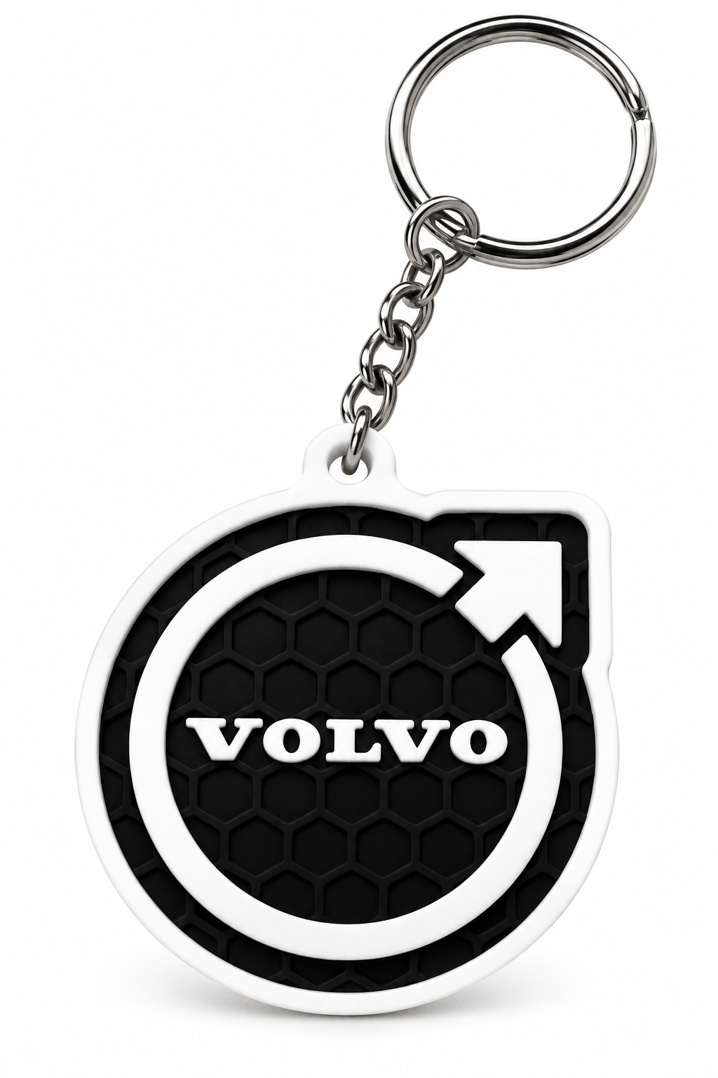 Privjesak za ključeve s crnim 3D Volvo logotipom, bijelim obrubom i metalnim lancem s okruglim prstenom.