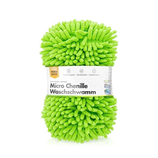 Spužva za pranje-2 u 1 od neon zelenih chenille mikrovlakana, s bijelom etiketom oko sredine i upijajućom teksturom.